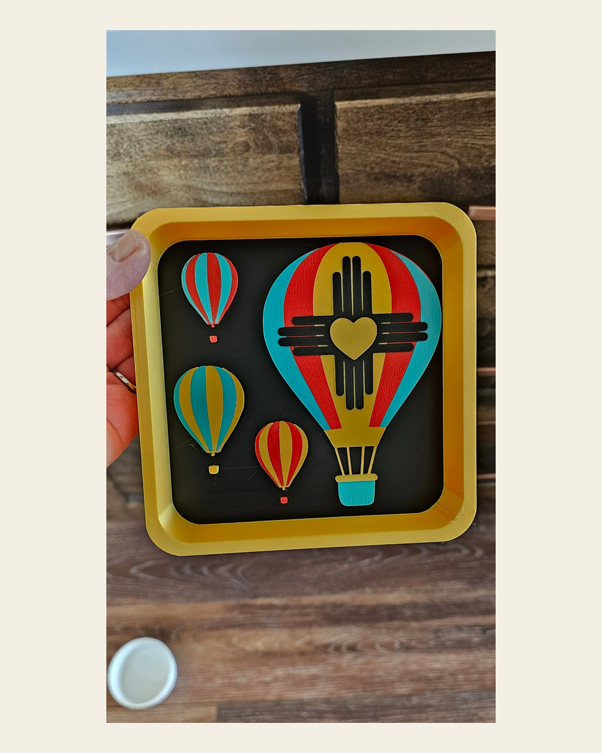 Baha Ranch Zia Balloon Fiesta New Mexico 3D Accessory Tray Made in America on a warm cream background