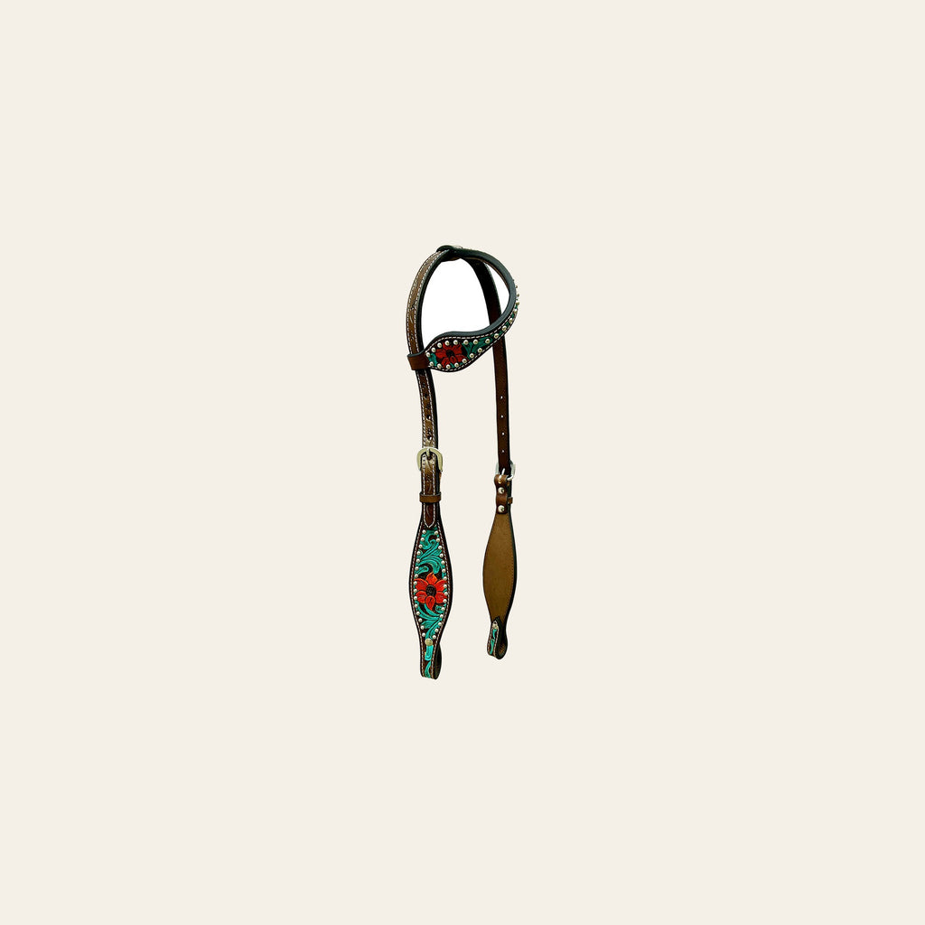 Bar H Equine American Leather Horse Saddle Tack One Ear Headstall Breast Collar Browband Wither Strap Set Botanic Chiseled