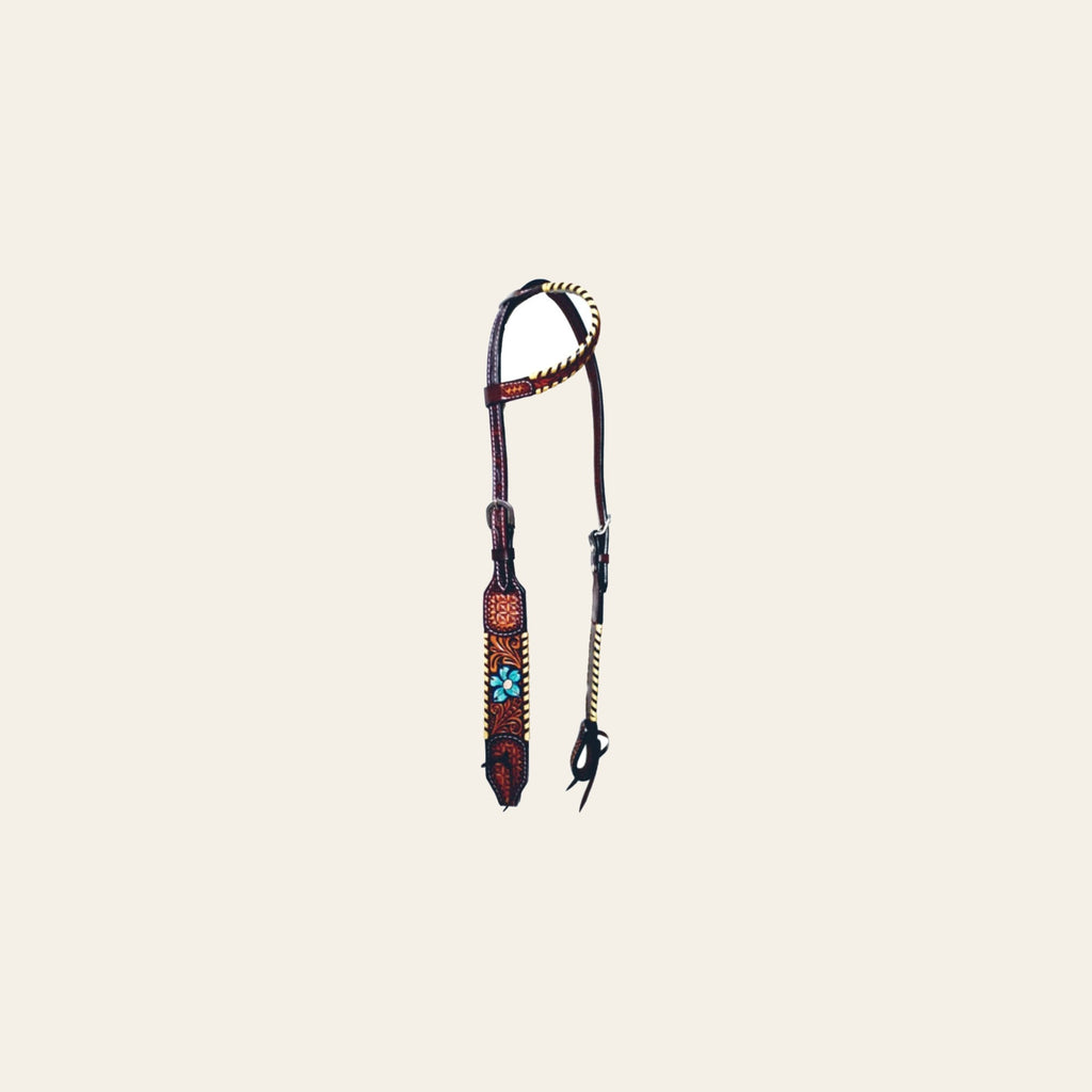Bar H Equine American Leather Horse Saddle Tack One Ear Headstall Breast Collar Browband Wither Strap Set Turquoise Bloom