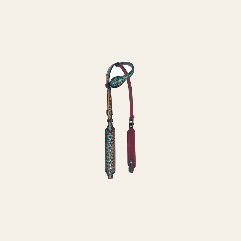 Bar H Equine American Leather Horse Saddle Tack One Ear Headstall Breast Collar Browband Wither Strap Set Turquoise Symmetry