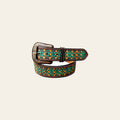 BAR H EQUINE Brown Turquoise Flower Hand Carved Fashion Premium Leather Belt Unisex Western