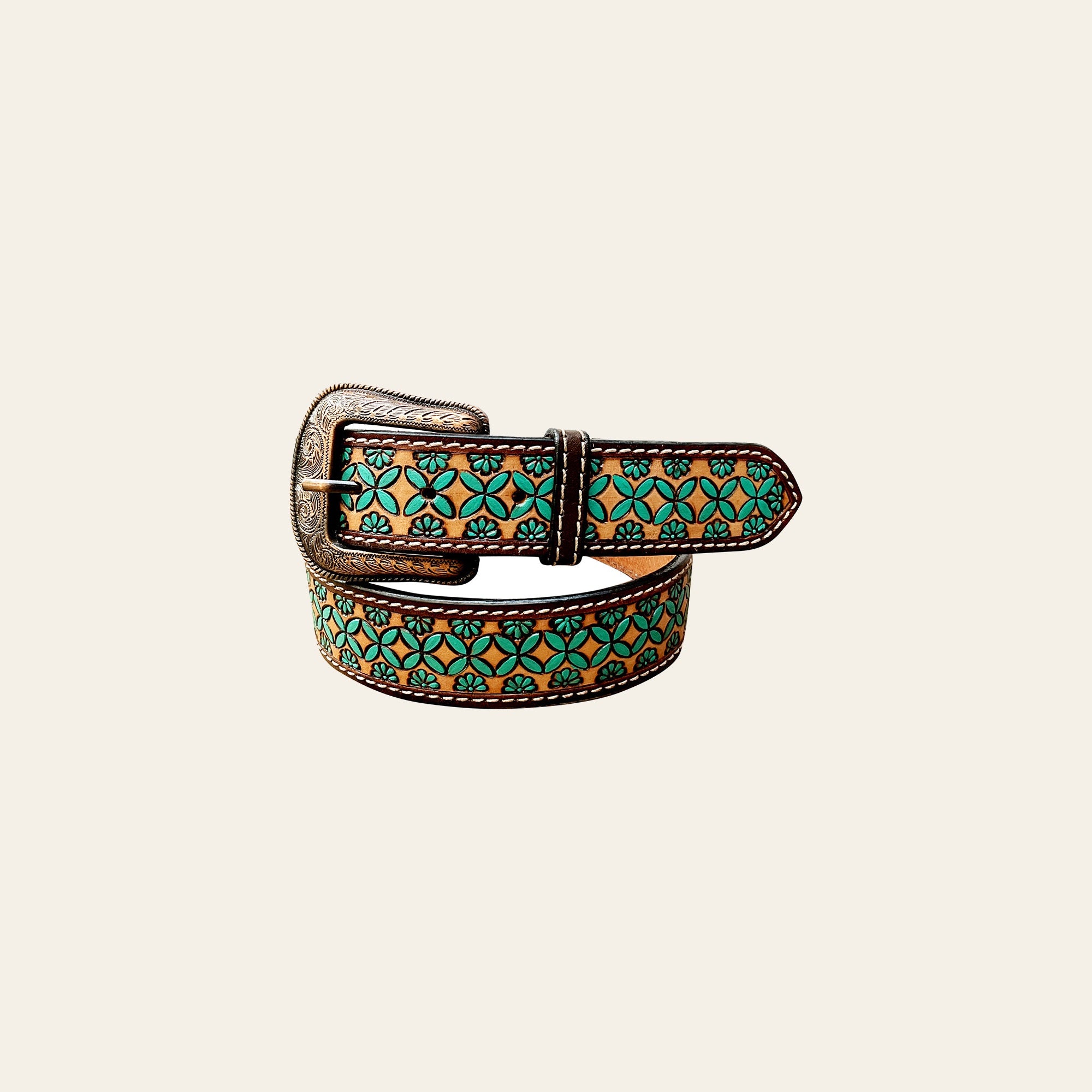 BAR H EQUINE Brown Turquoise Flower Hand Carved Fashion Premium Leather Belt Unisex Western