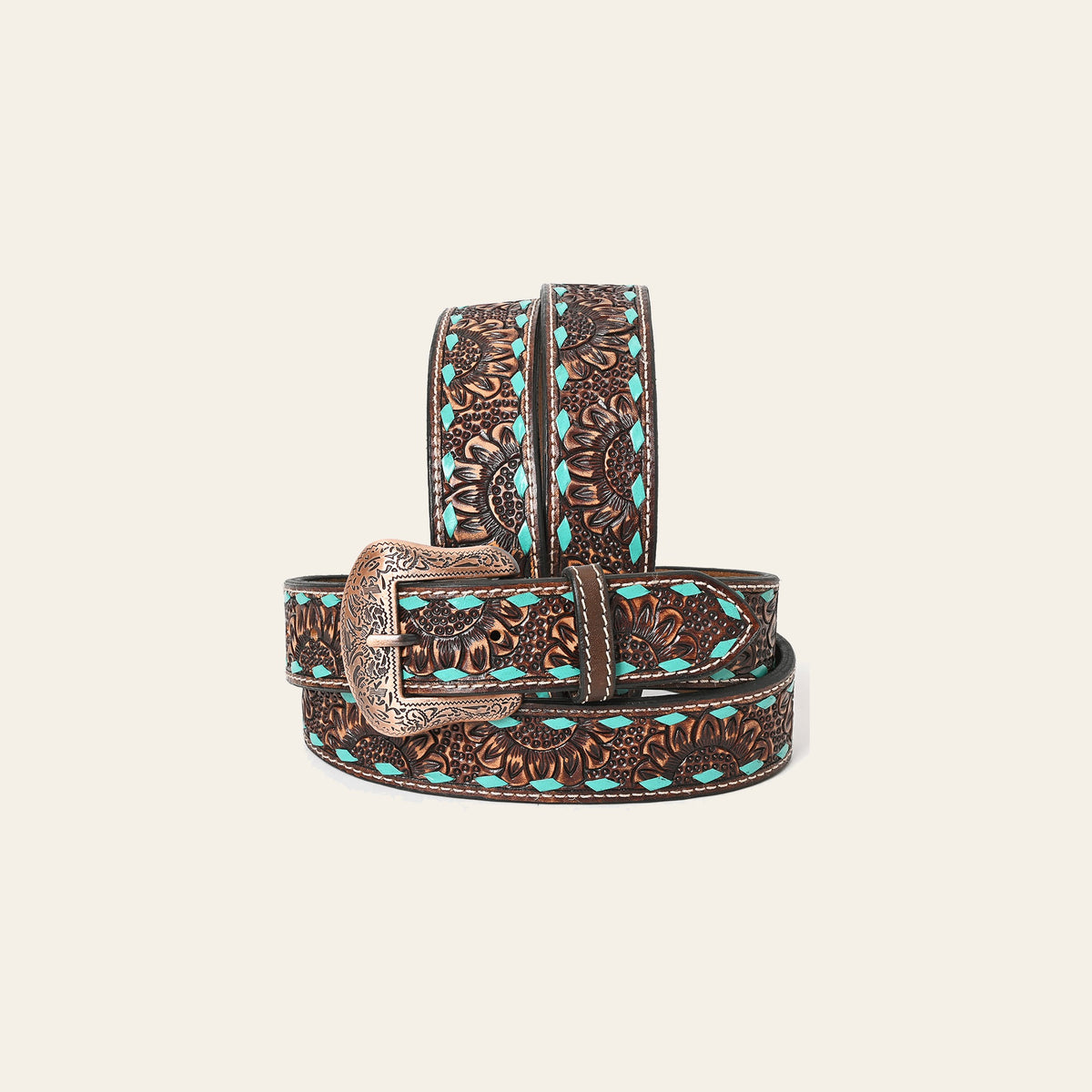 BAR H EQUINE Brown Turquoise Sunflower Floral Hand Carved Fashion Premium Leather Belt Unisex Western with Removable Buckle