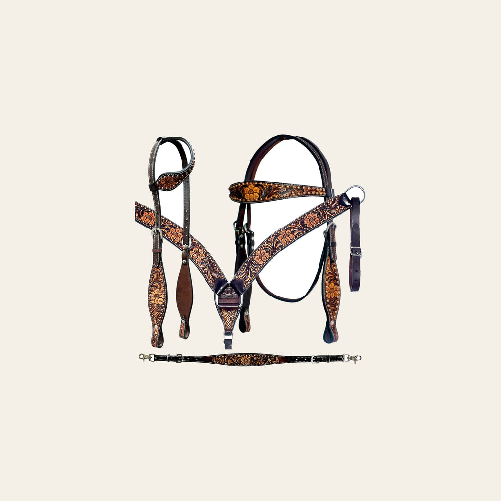 Bar H Equine Genuine Western American Leather Horse Premium Headstall & Breast Collar Set