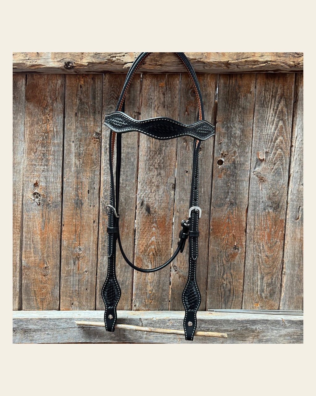 Basketweave Black Browband Draft Headstall / Bridle on a warm cream background