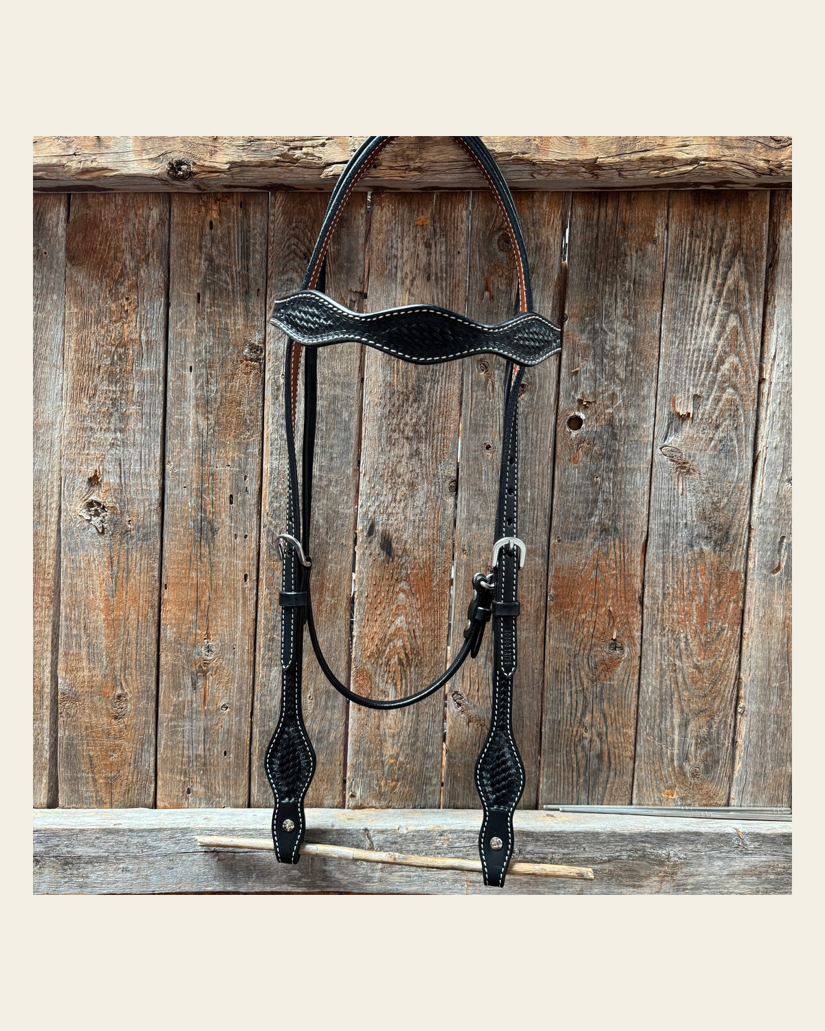 Basketweave Black Browband Draft Headstall / Bridle on a warm cream background
