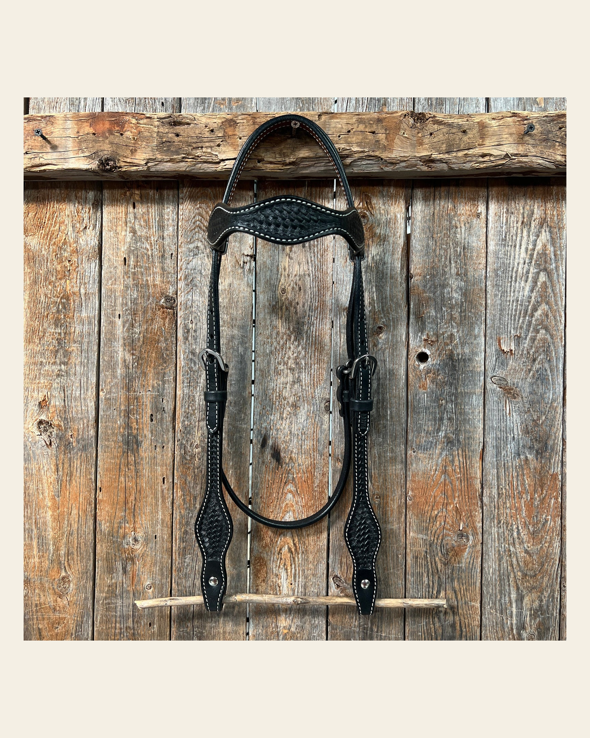 Basketweave Black Browband Headstall / Bridle on a warm cream background