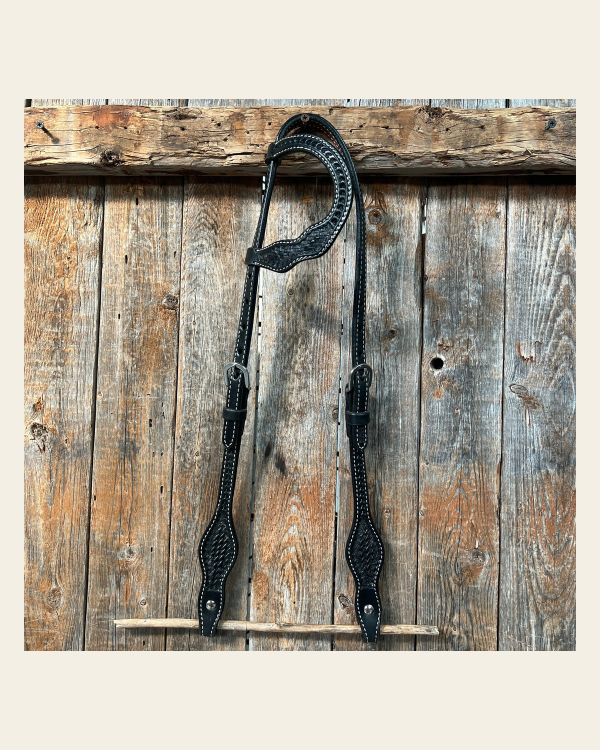 Basketweave Black One Ear Headstall / Bridle on a warm cream background