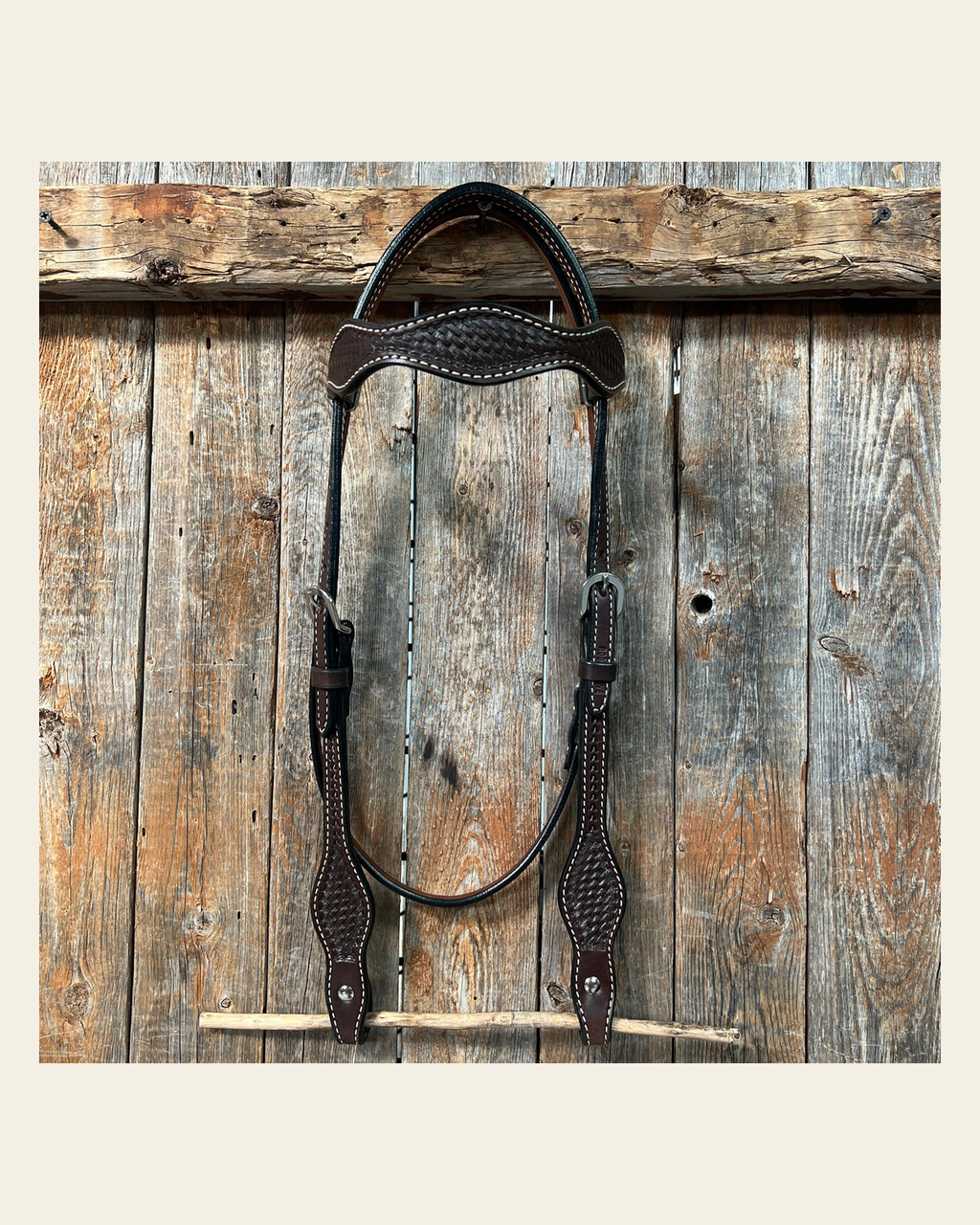 Basketweave Dark Oil Browband Headstall / Bridle on a warm cream background