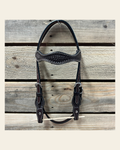 Dark Oil Cob - Gag Browband Headstall / Bridle- Short Cheeks on a warm cream background