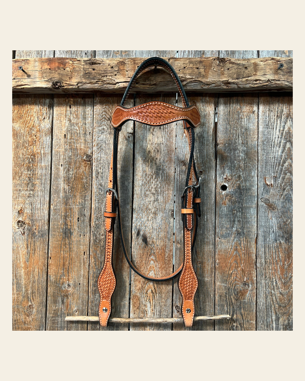 Basketweave Light Oil Browband Headstall / Bridle on a warm cream background