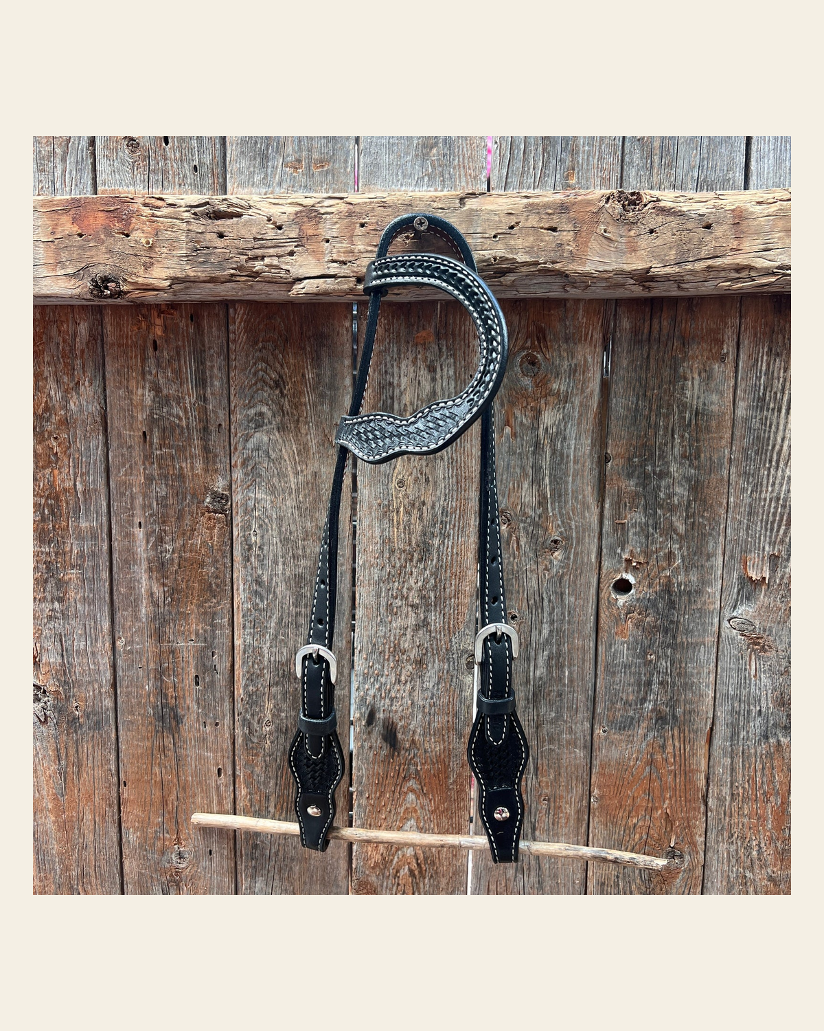 Black Cob - Gag One Ear Headstall / Bridle- Short Cheeks on a warm cream background