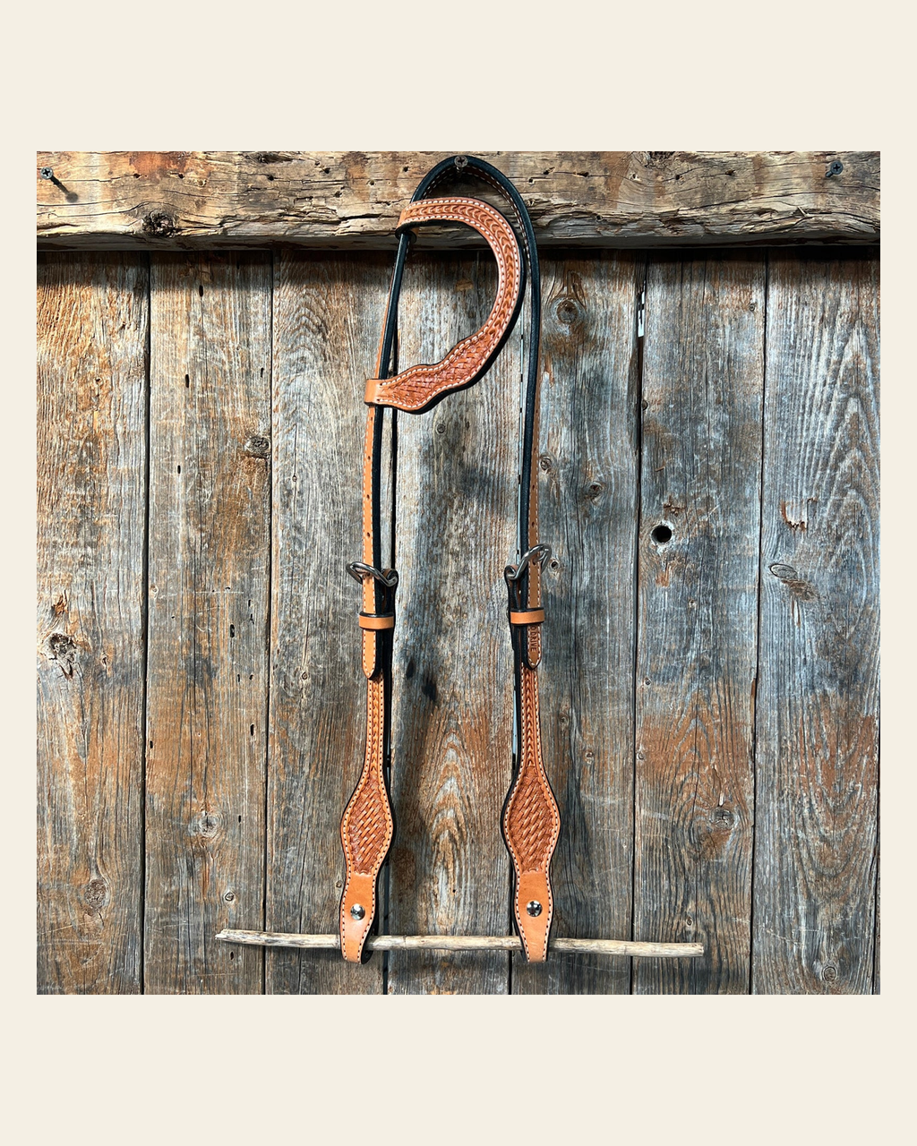 Basketweave Light Oil One Ear Headstall / Bridle on a warm cream background