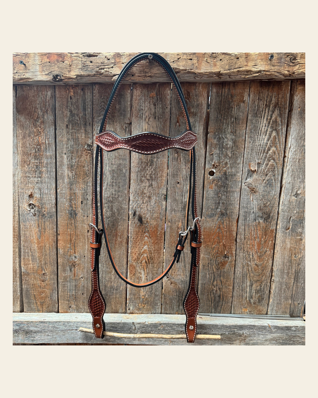 Basketweave Medium Oil Browband Draft Headstall / Bridle on a warm cream background