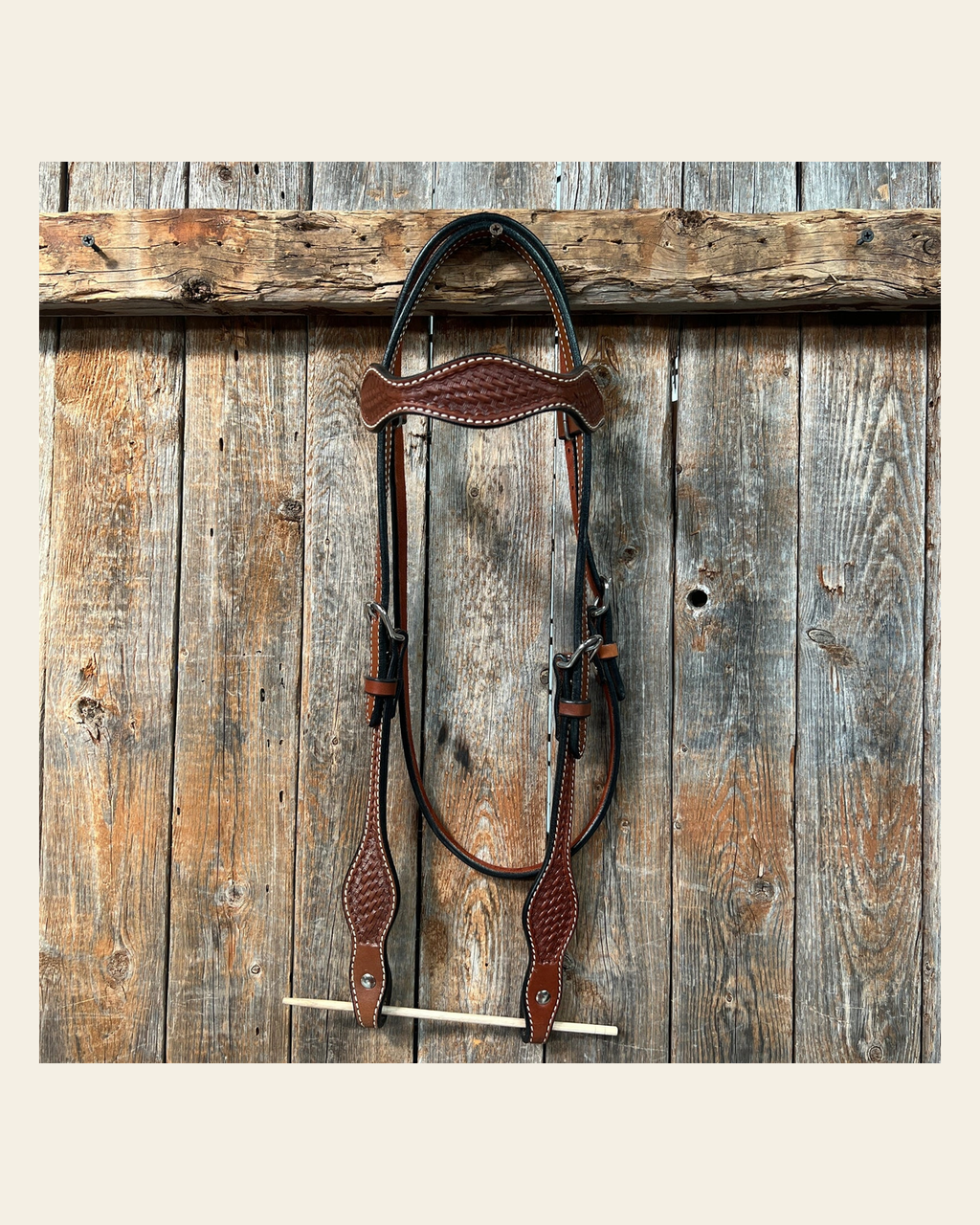 Basketweave Medium Oil Browband Headstall / Bridle on a warm cream background