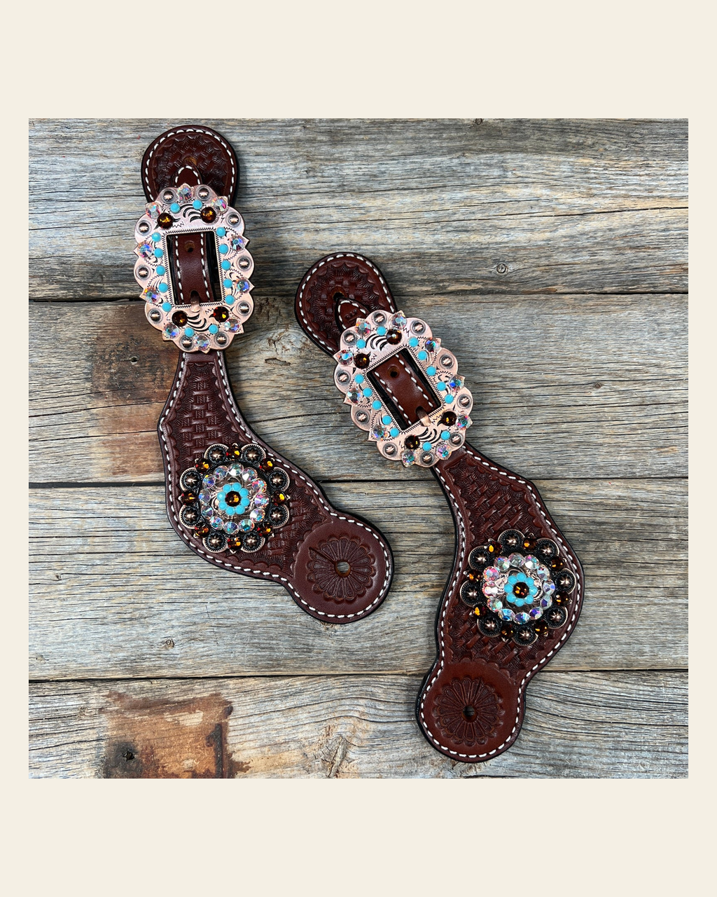 Basketweave Spur Straps - Copper Conchos #SS104 on a warm cream background