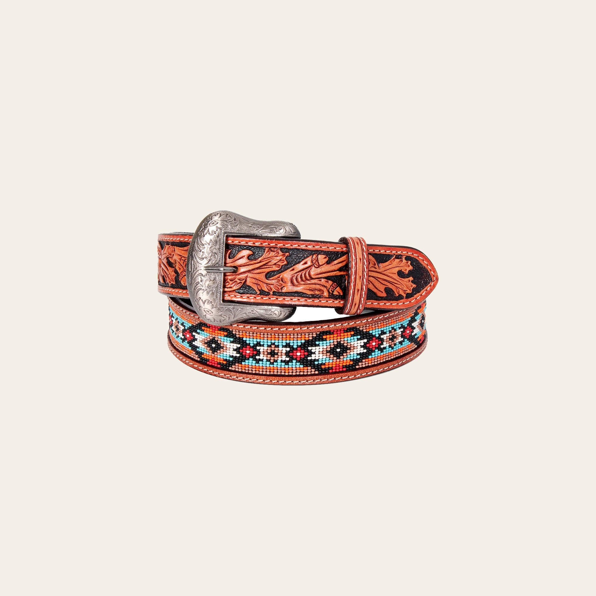 Bar H Equine Hand Tooled Genuine Leather Crafted Unisex Brown Western Belt Beaded Carving | Bead Belts for Women Men B