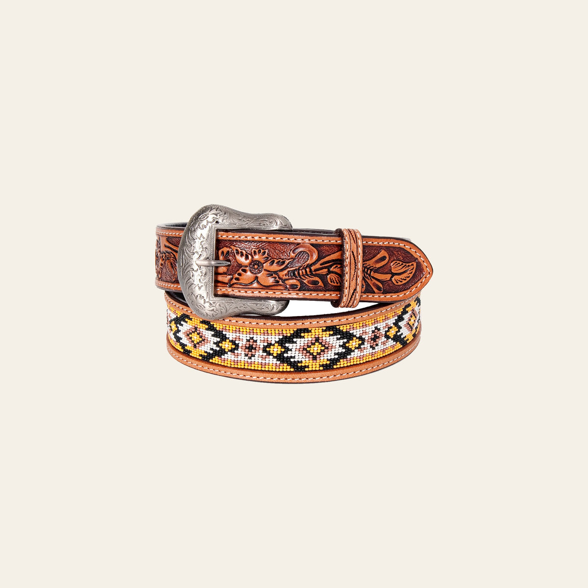 Bar H Equine Hand Tooled Genuine Leather Crafted Unisex Tan Western Belt Beaded Carving | Bead Belts for Women Men Bea