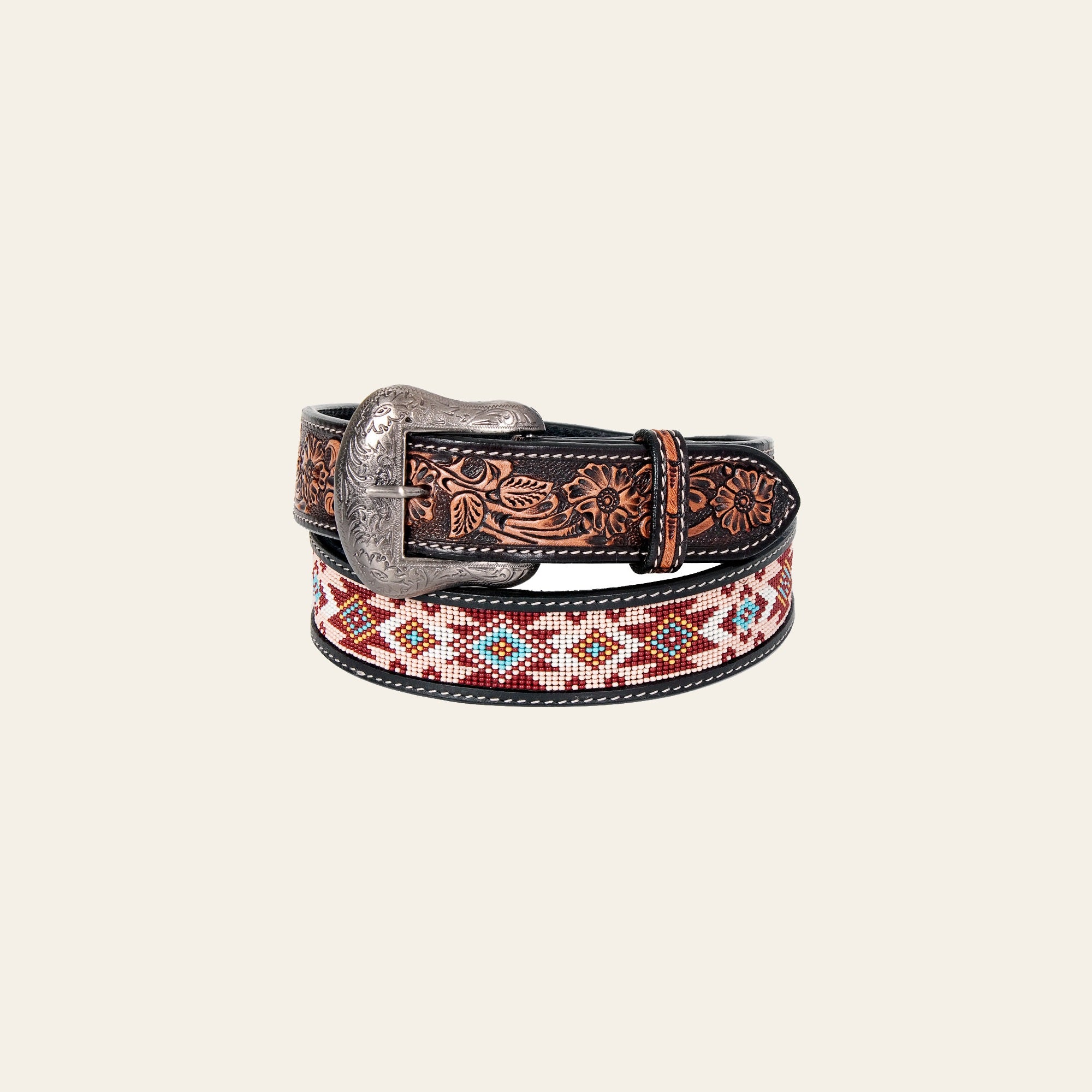 Bar H Equine Hand Tooled Genuine Leather Crafted Unisex Black Western Belt Beaded Carving | Bead Belts for Women Men