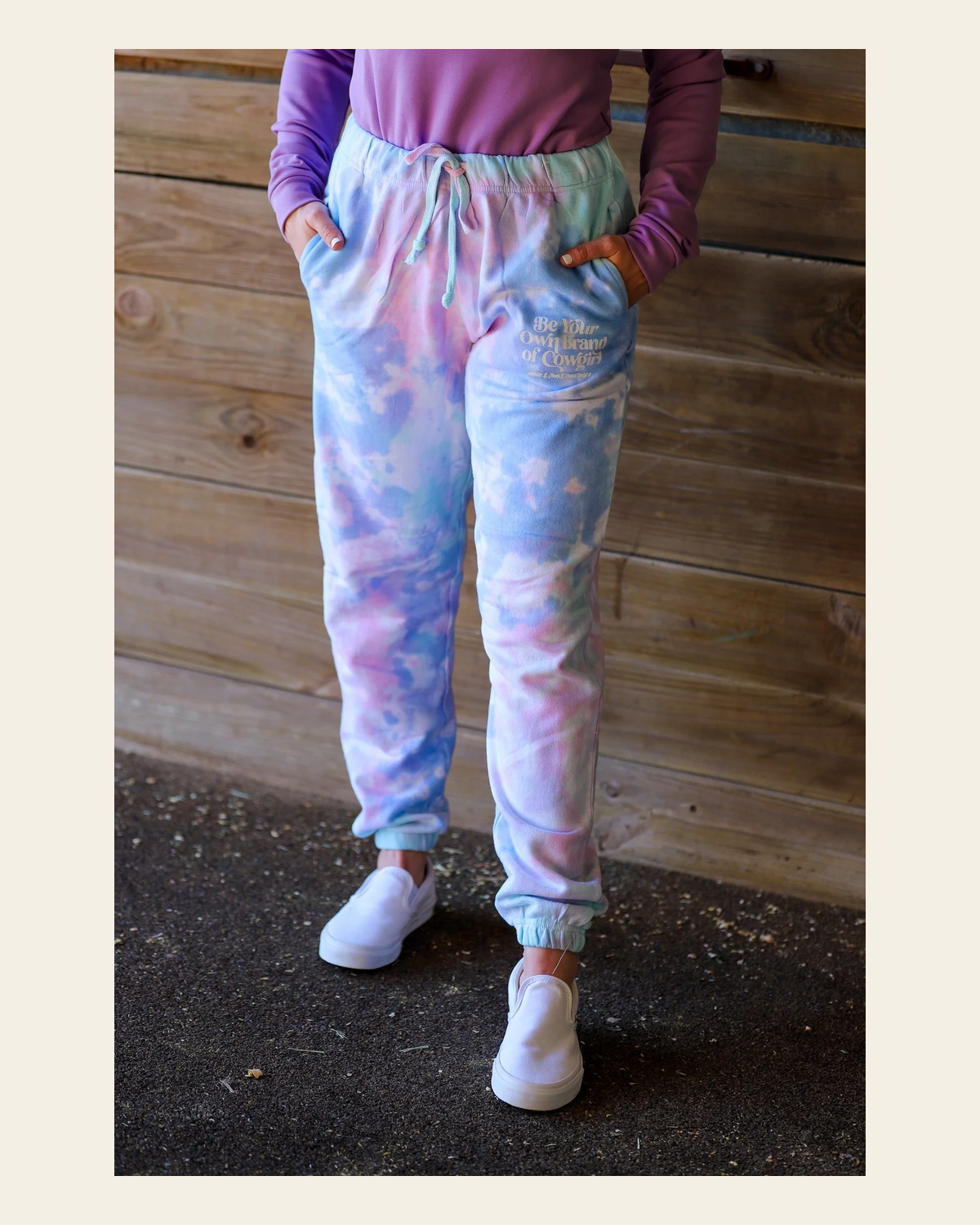 Be Your Own Brand Of Cowgirl Cotton Candy Tie Dye Joggers on a warm cream background
