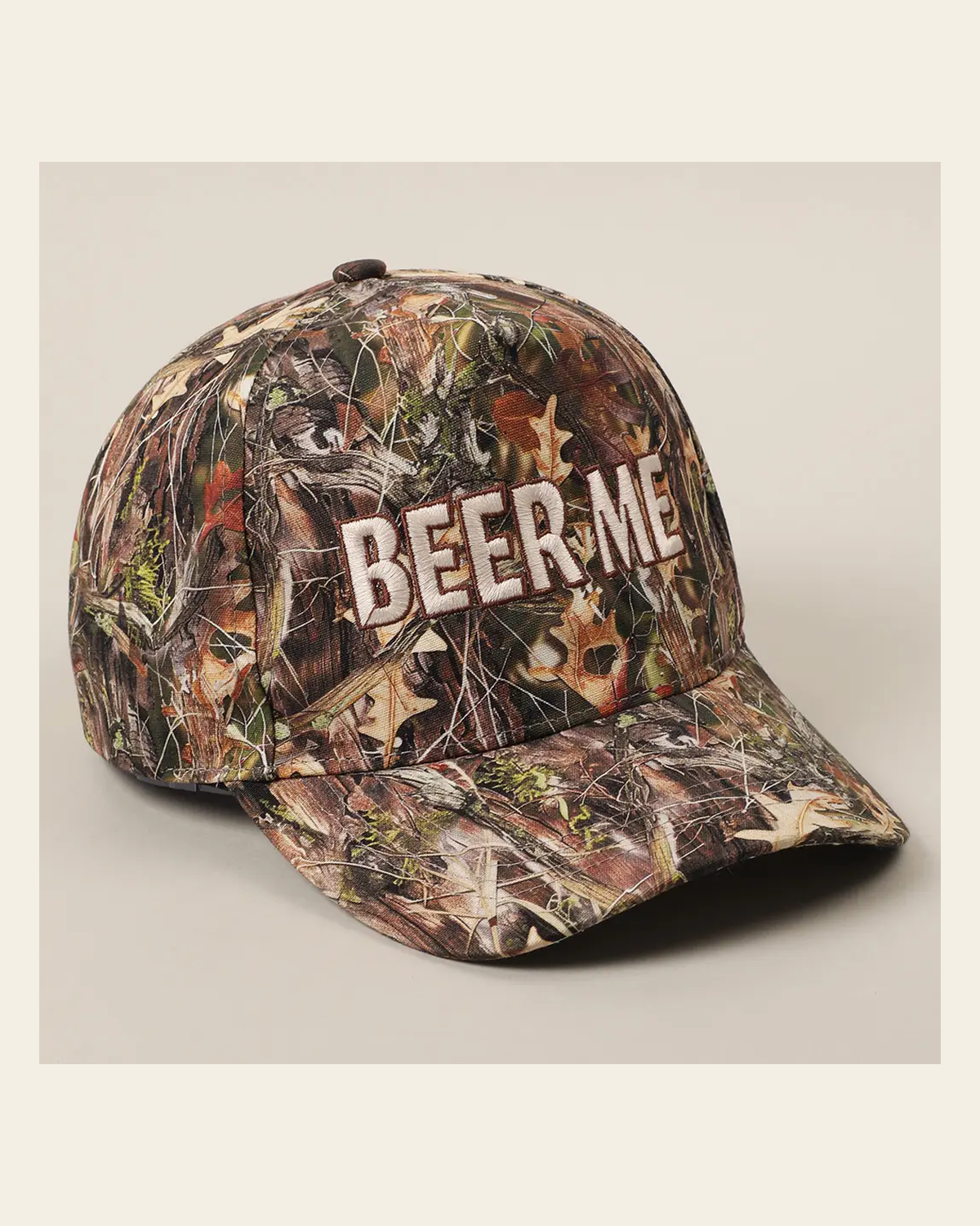 Beer Me Camo Baseball | Cap on a warm cream background