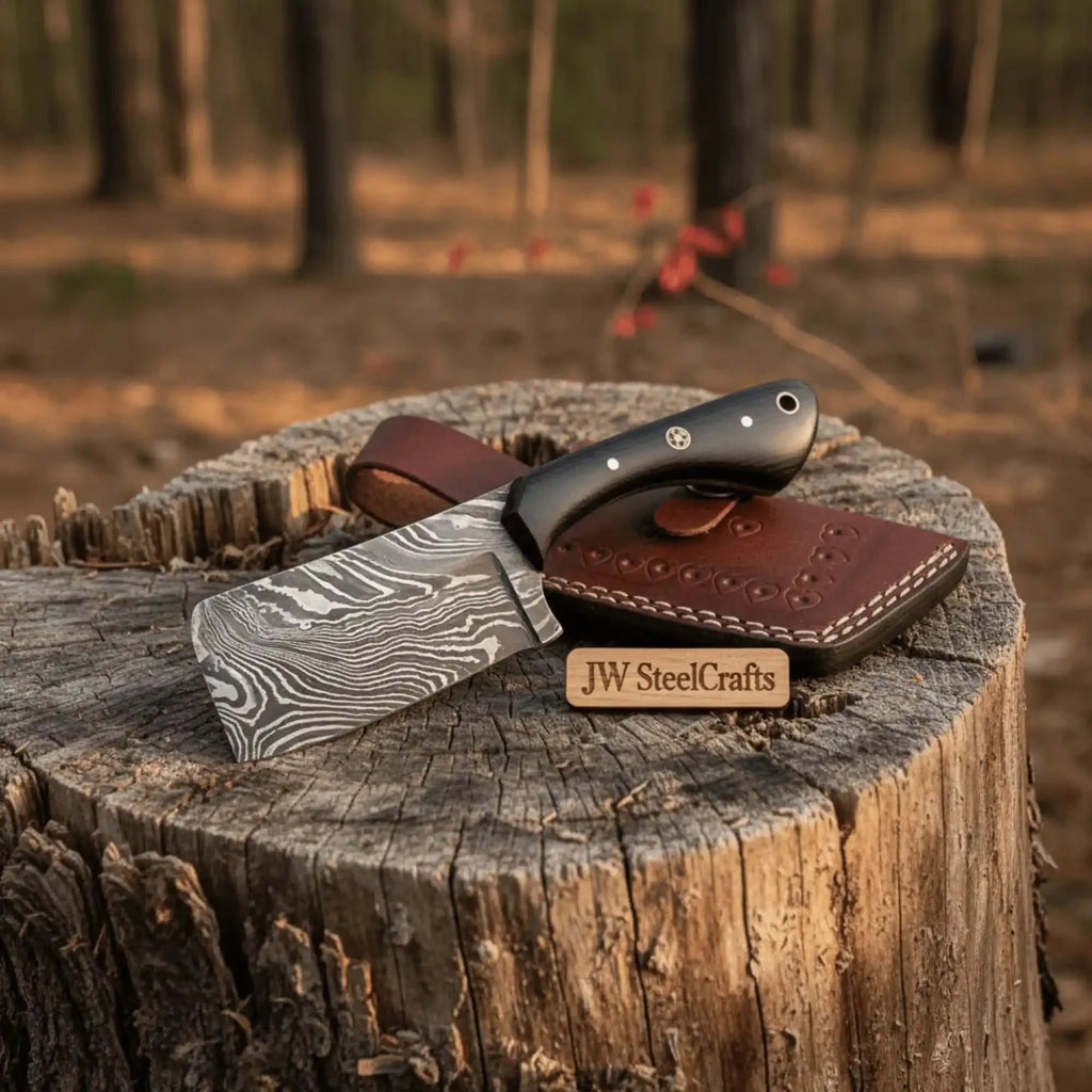 7 Inch EDC Fixed Blade Dagger Knife with Damascus Steel, Black Micarta Handle, Mosaic Pins, Lanyard Hole & Leather Sheath
