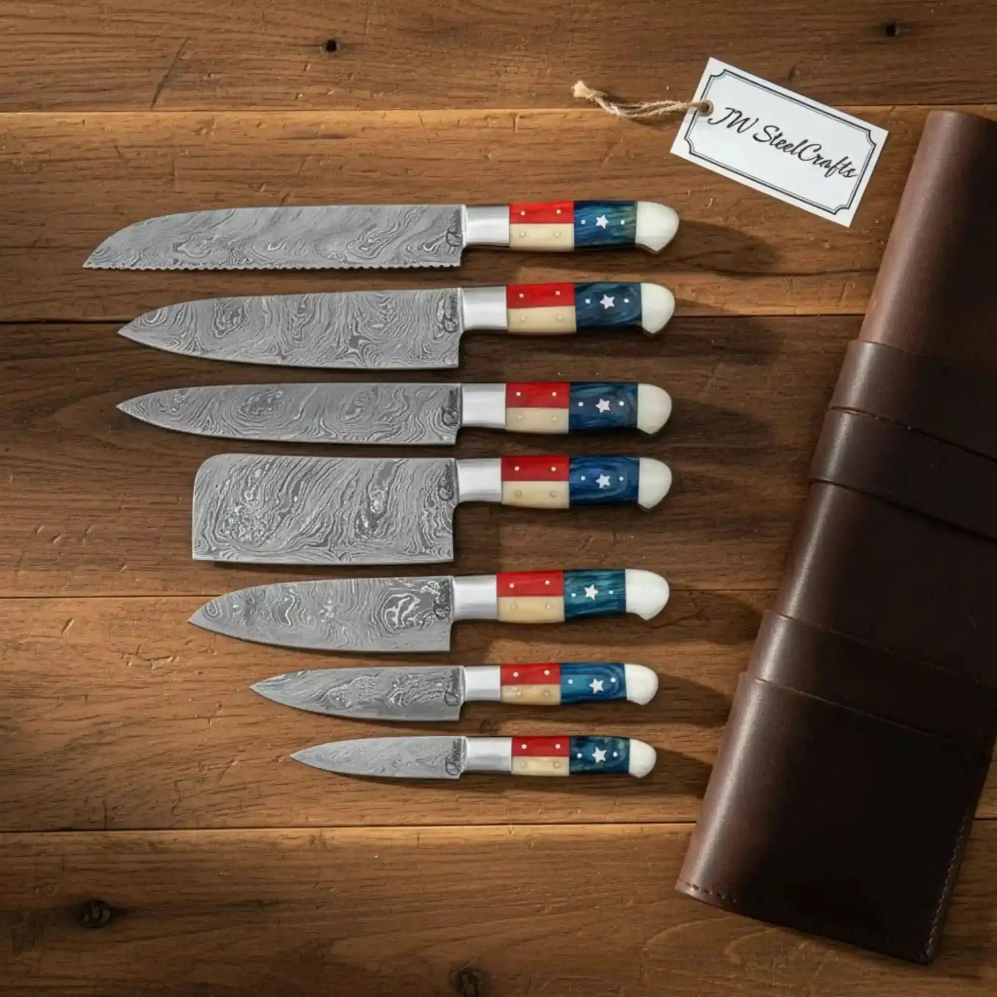 Damascus Kitchen Knife Set | Texas Flag Pakka Wood and Camel Bone Handles | JW SteelCrafts
