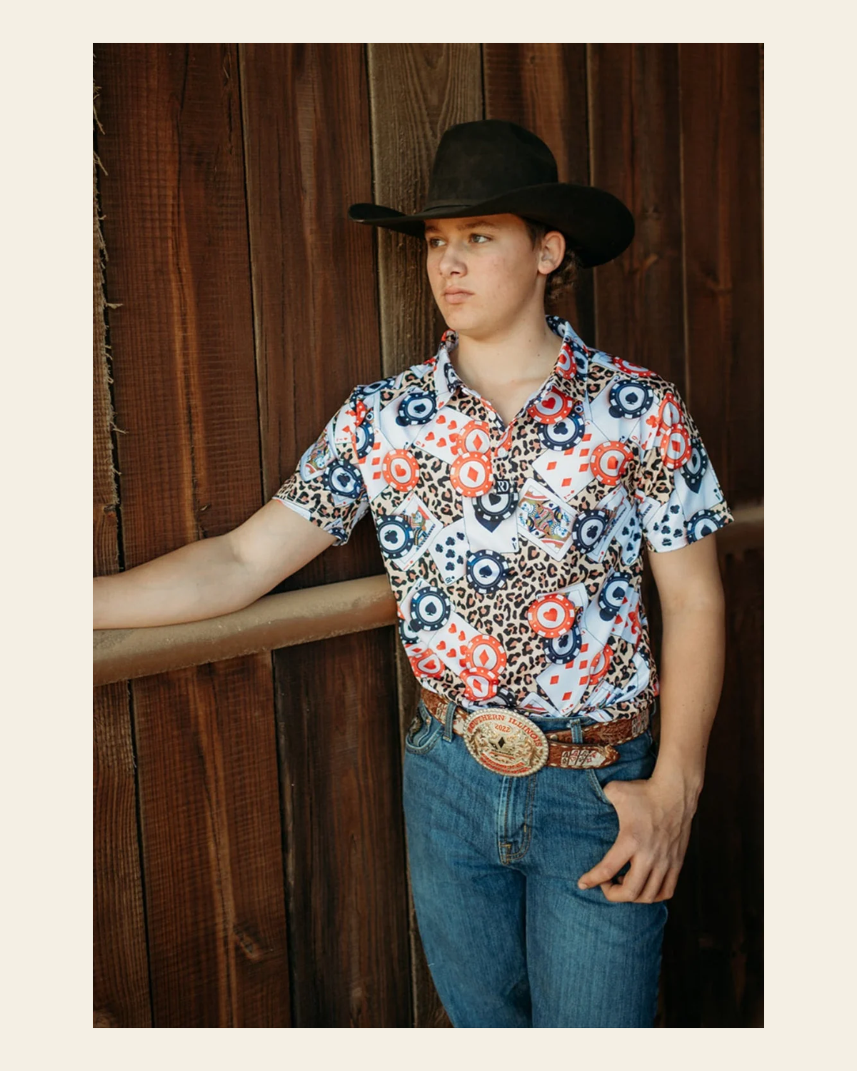 Bet On Me Men's Performance Polo on a warm cream background