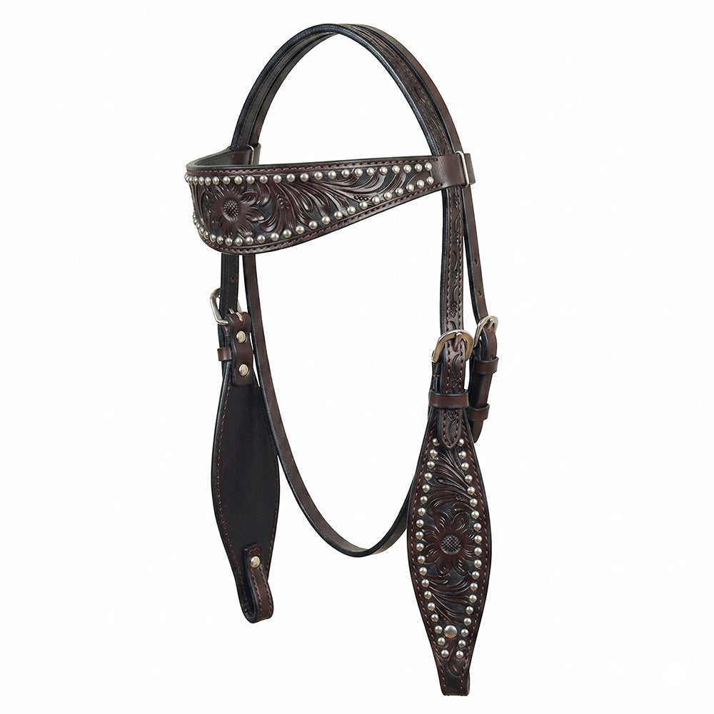 HILASON Western Genuine Leather Horse Headstall Tack Dark Brown Floral