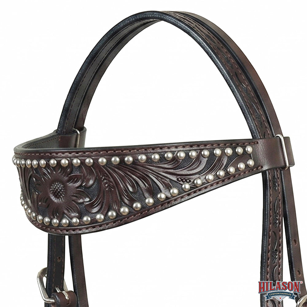 HILASON Western Genuine Leather Horse Headstall Tack Dark Brown Floral