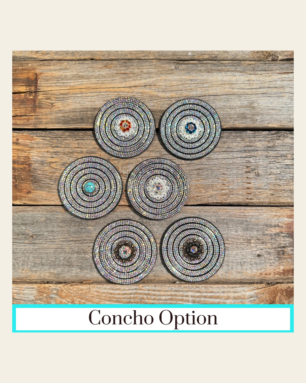 Black AB Circle Rhinestone Rosette - Assorted Conchos on a warm cream background