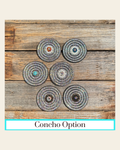 Black AB Circle Rhinestone Rosette - Assorted Conchos on a warm cream background