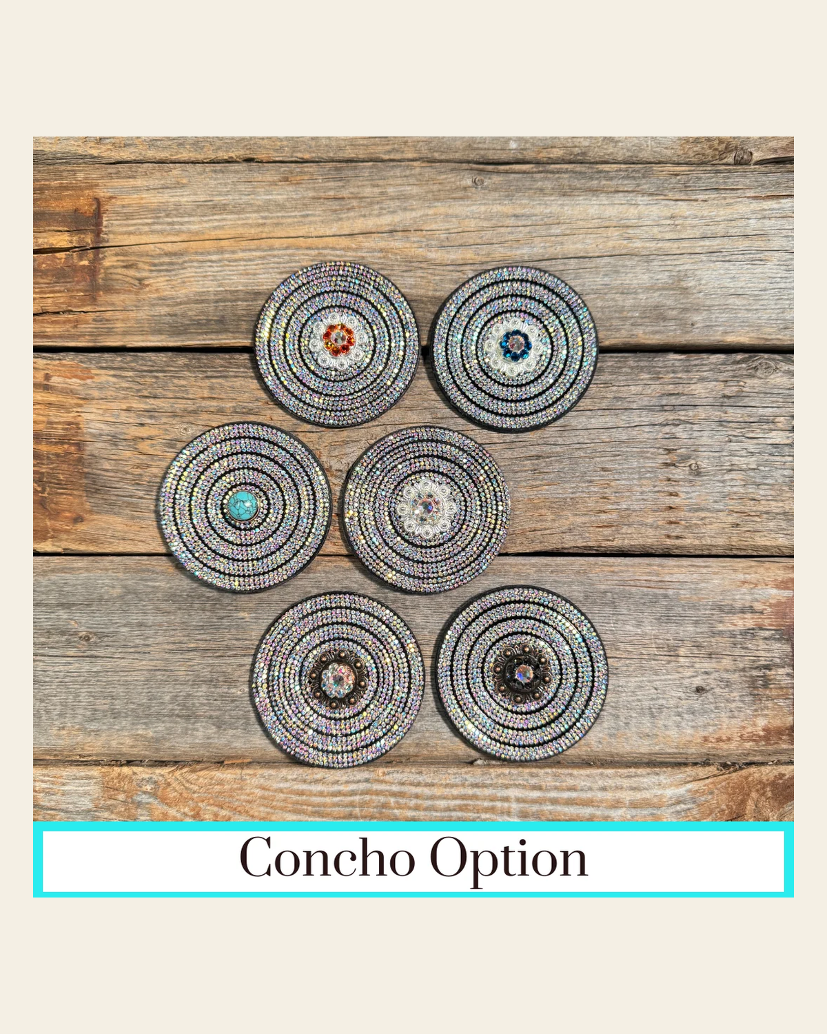 Black AB Circle Rhinestone Rosette - Assorted Conchos on a warm cream background