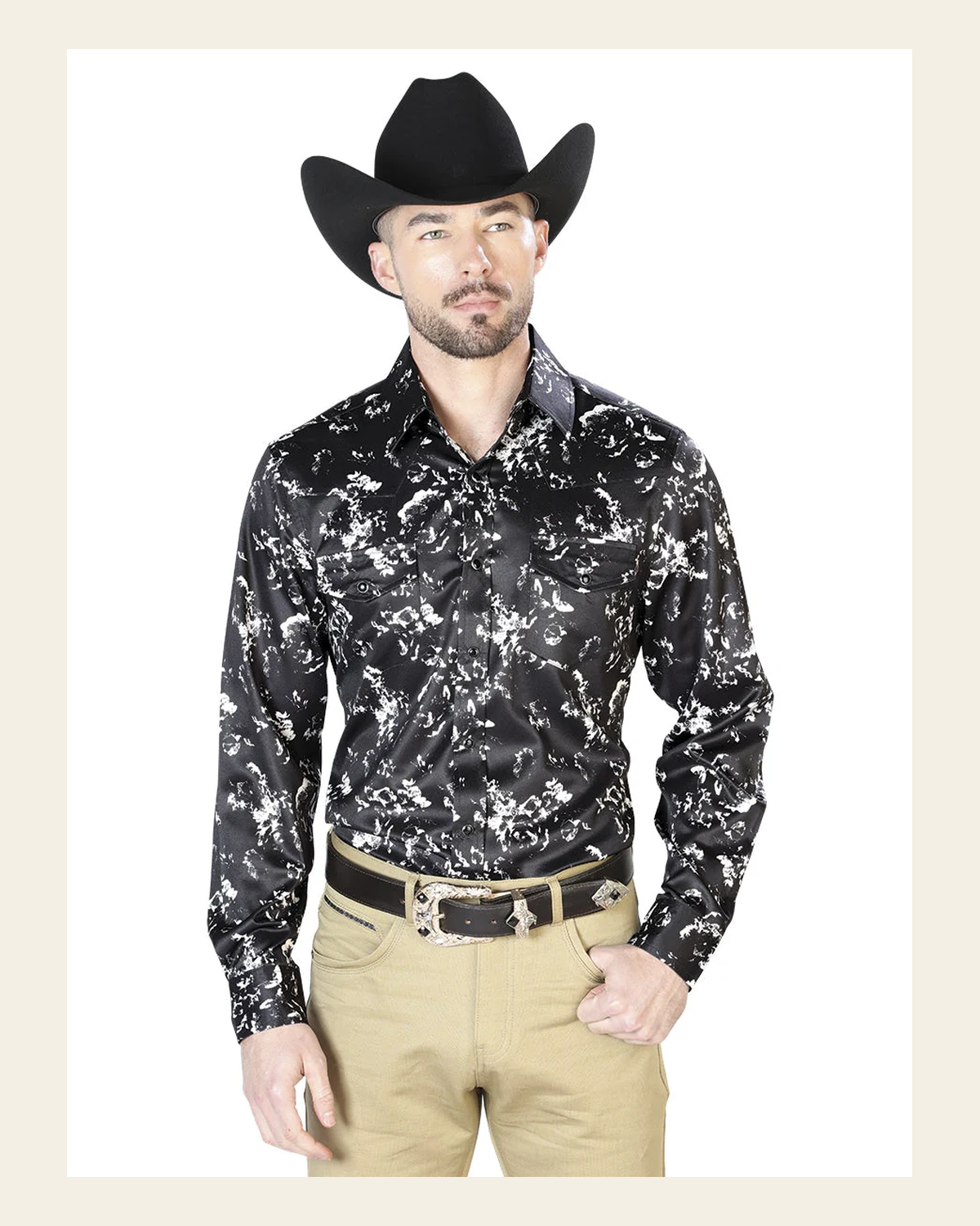 Black And Beige Casual Long Sleeve Shirt 43946 on a warm cream background