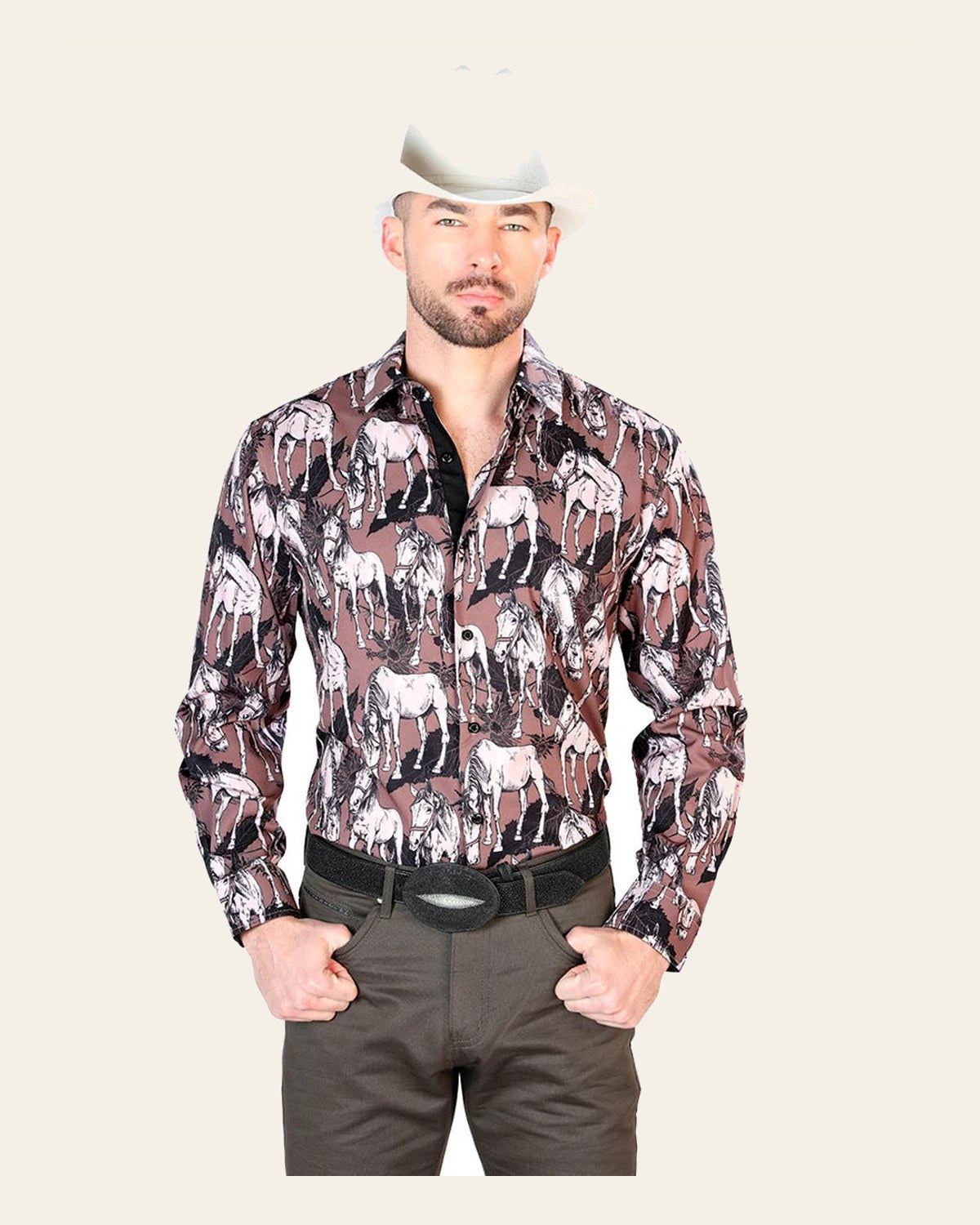 Black And Beige Horse Print Long Sleeve Shirt 43699 on a warm cream background