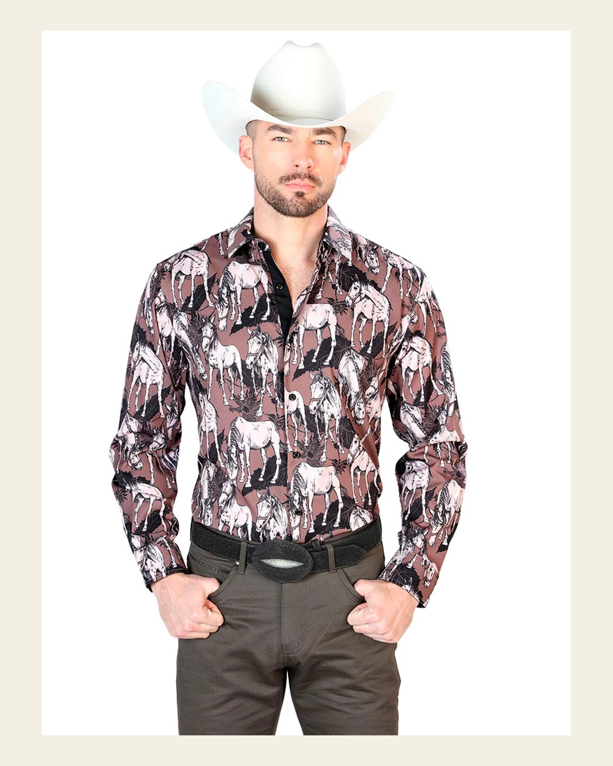 Black And Beige Horse Print Long Sleeve Shirt 43699 on a warm cream background