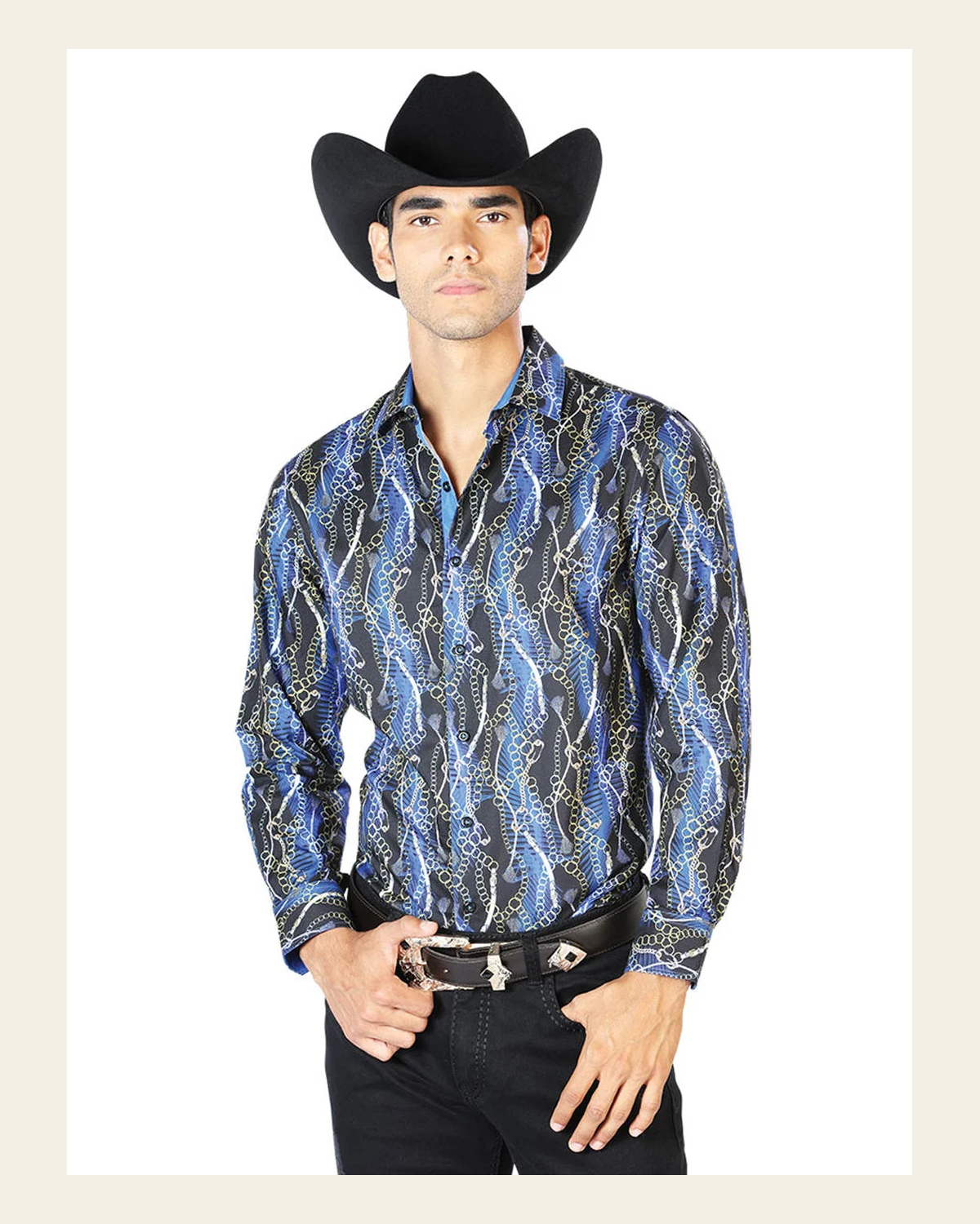 Black And Blue Casual Long Sleeve Shirt 43560 on a warm cream background