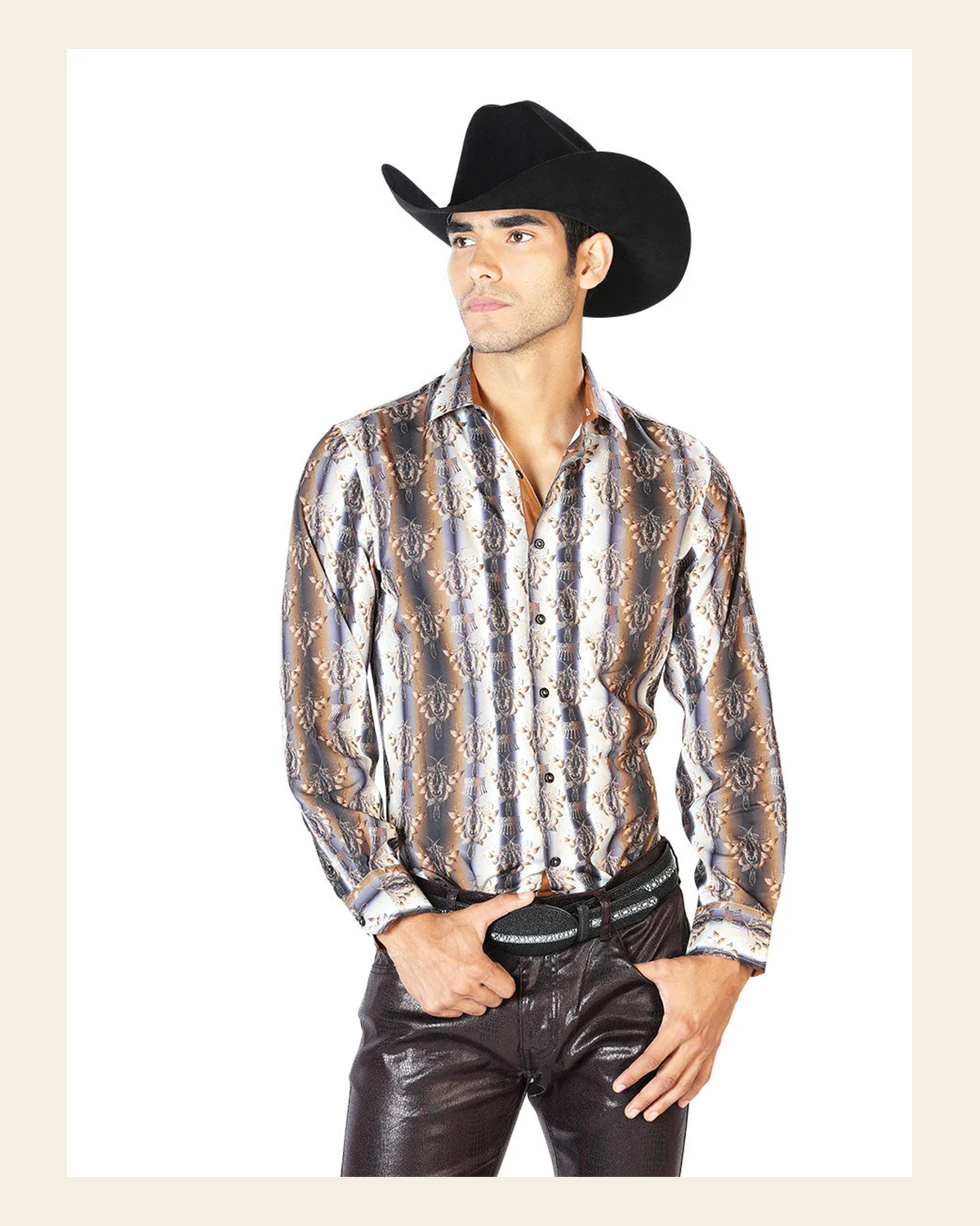Black And Brown Casual Long Sleeve Shirt 43546 on a warm cream background