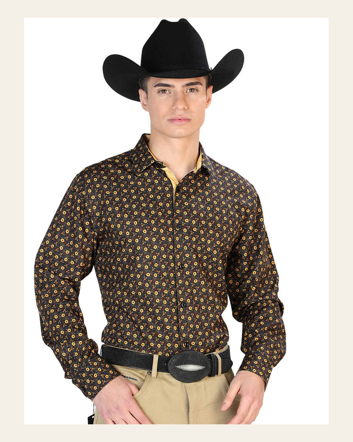 Black And Brown Casual Long Sleeve Western Cowboy Shirt 126262 on a warm cream background