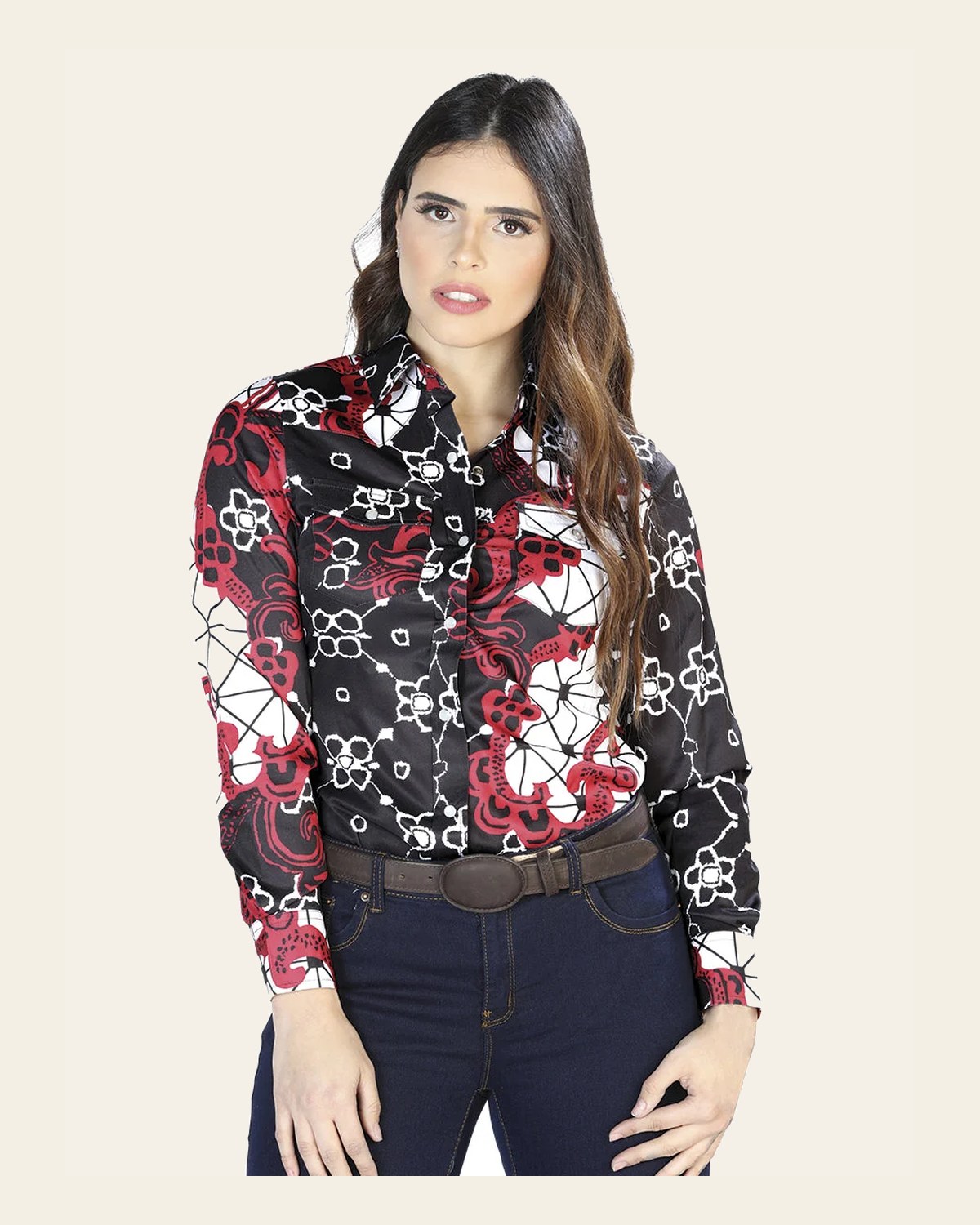 Black And Burgandy Printed Long Sleeve Shirt 44078 on a warm cream background