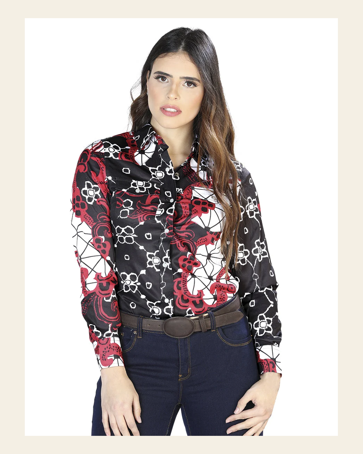 Black And Burgandy Printed Long Sleeve Shirt 44078 on a warm cream background