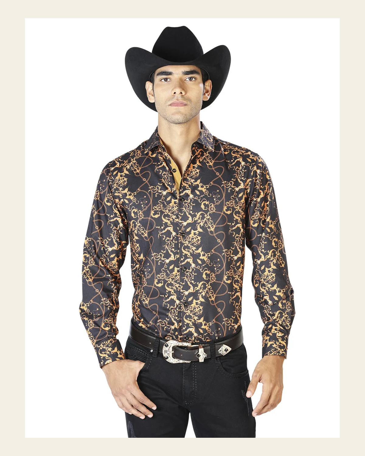 Black And Gold Casual Long Sleeve Shirt 43561 on a warm cream background