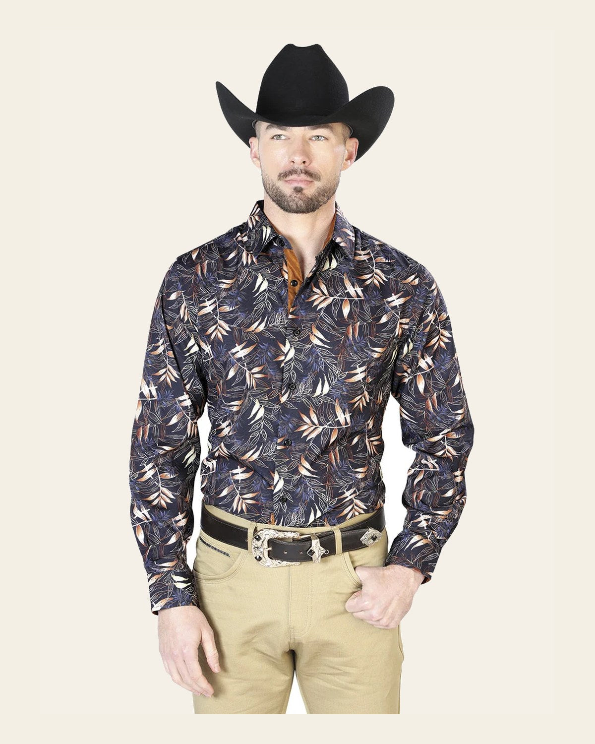 Black And Gold Casual Long Sleeve Shirt 43691 on a warm cream background