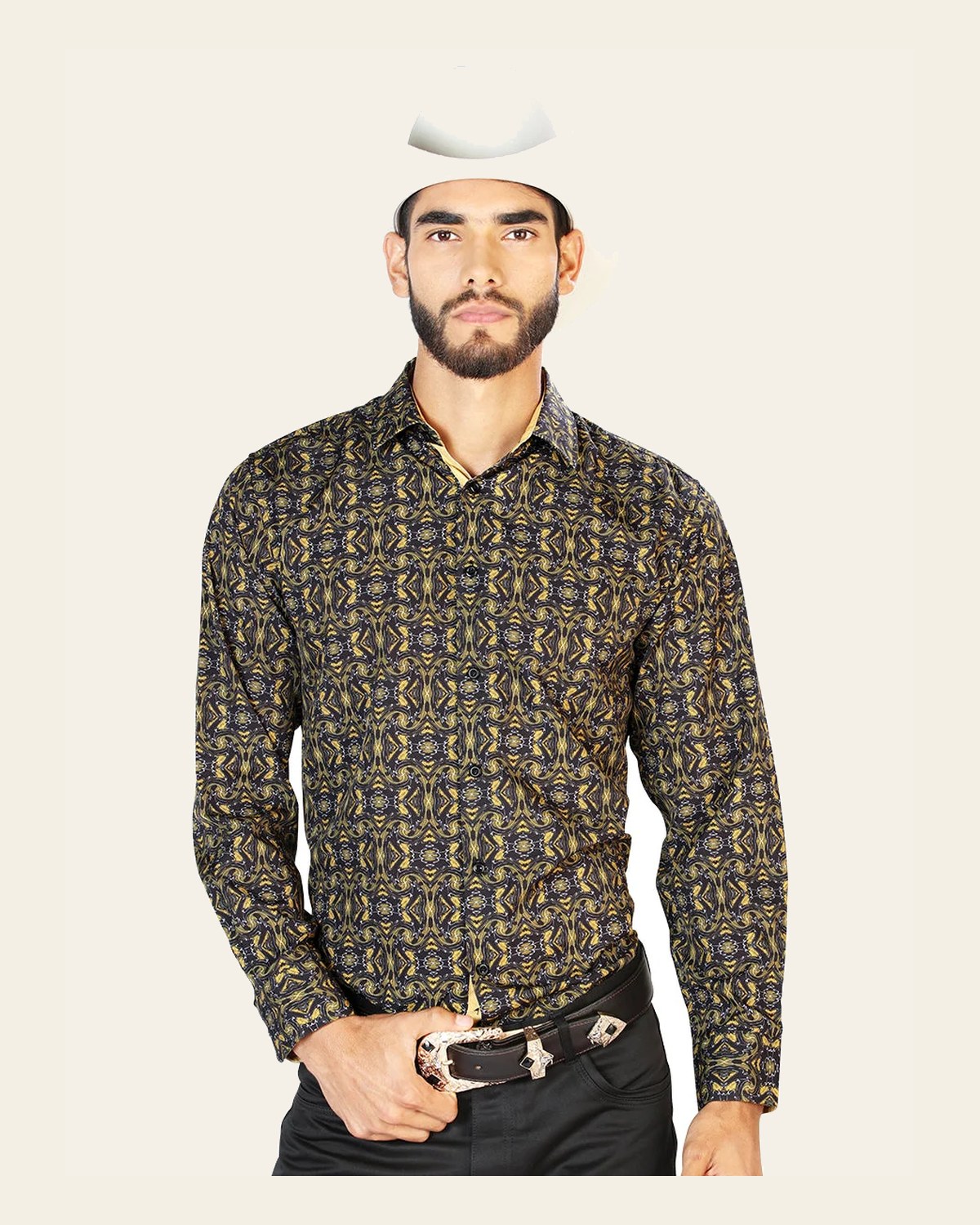 Black And Gold Long Sleeve Casual Long Sleeve Shirt 126273 on a warm cream background