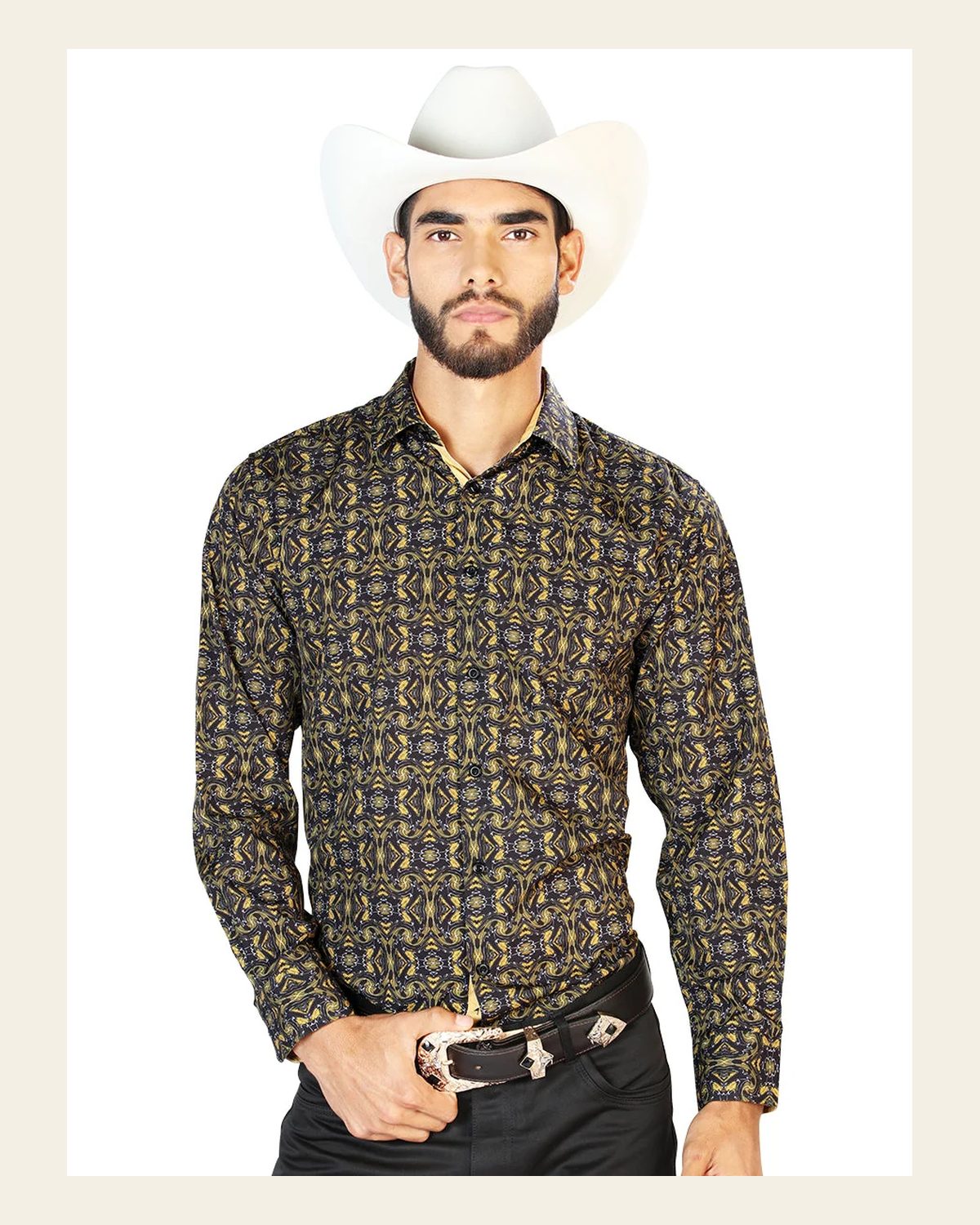 Black And Gold Long Sleeve Casual Long Sleeve Shirt 126273 on a warm cream background