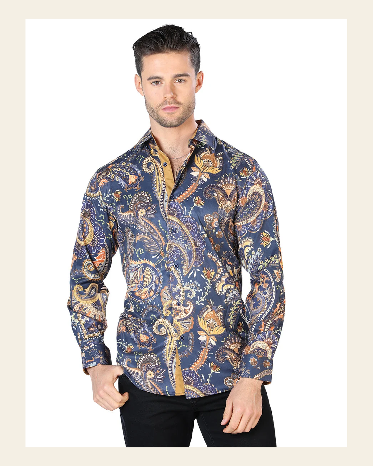 Black And Gold Silver Casual Long Sleeve Shirt 44051 on a warm cream background