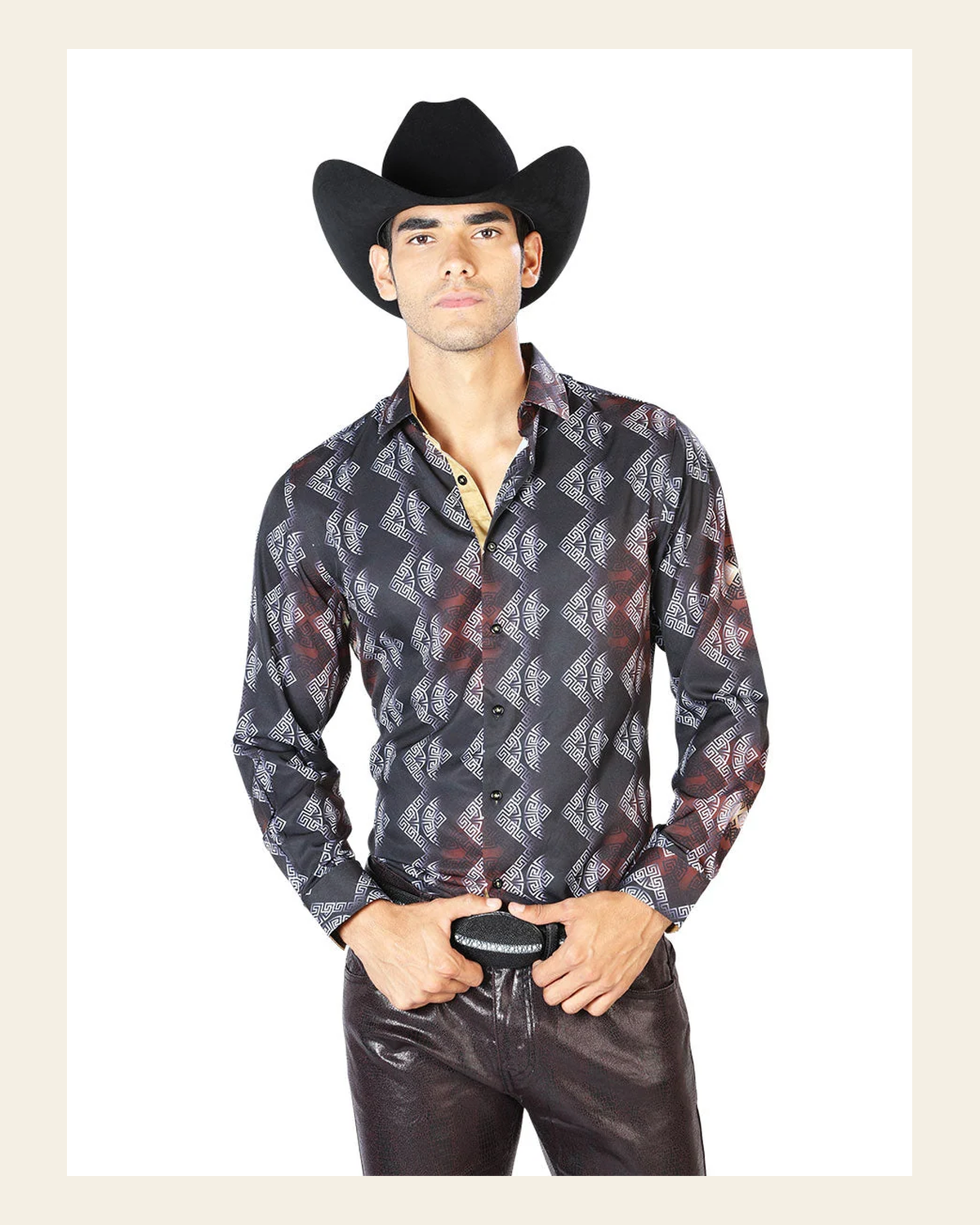 Black And Gray Casual Long Sleeve Shirt 43548 on a warm cream background