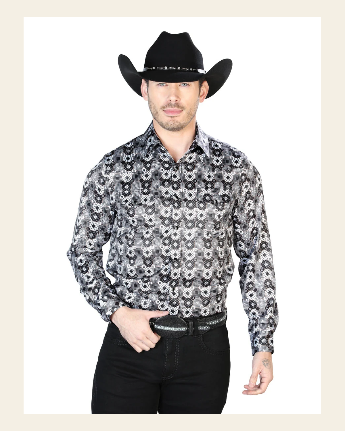 Black And Gray Casual Long Sleeve Shirt 43939 on a warm cream background