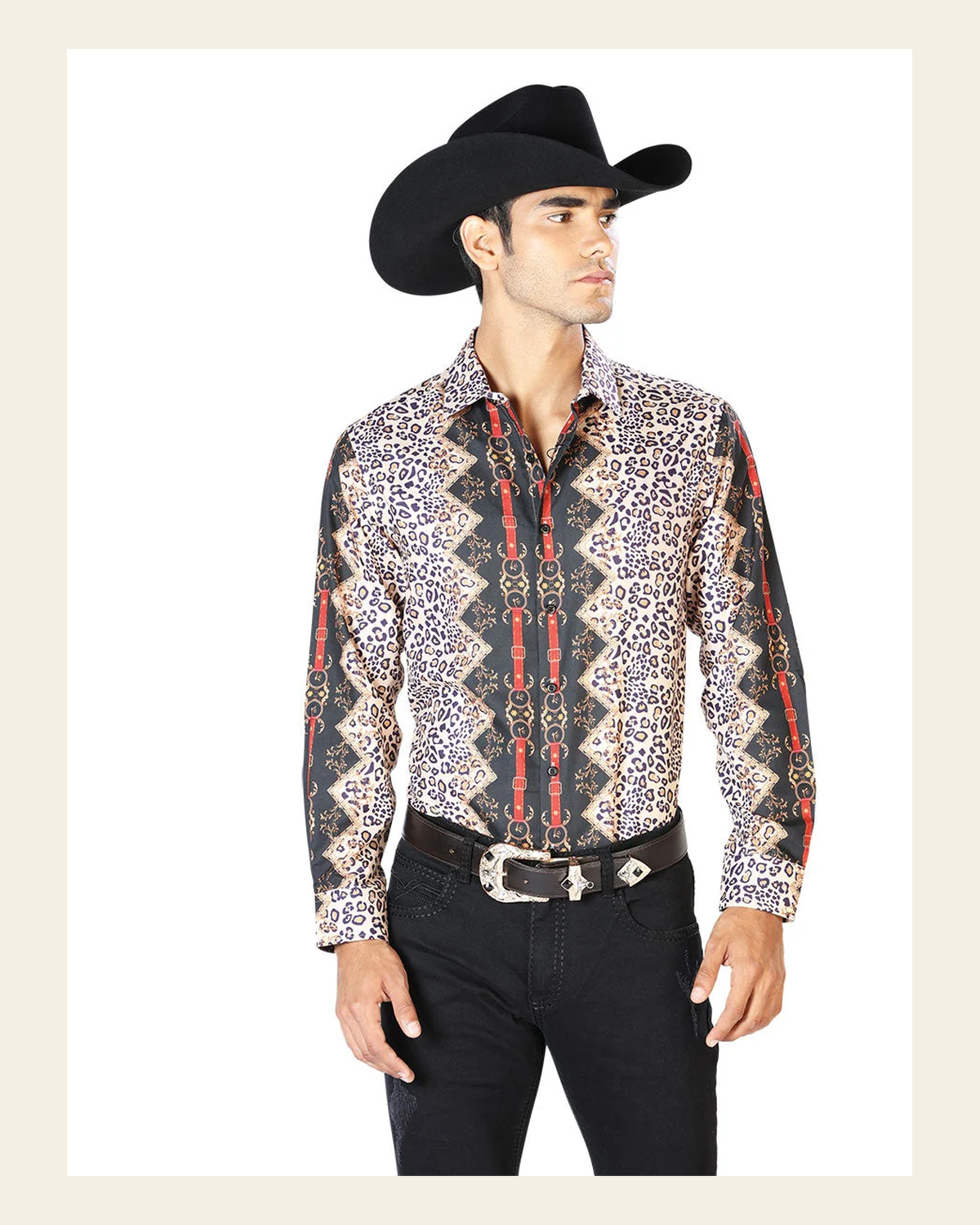 Black And Leopard Casual Long Sleeve Shirt 43557 on a warm cream background