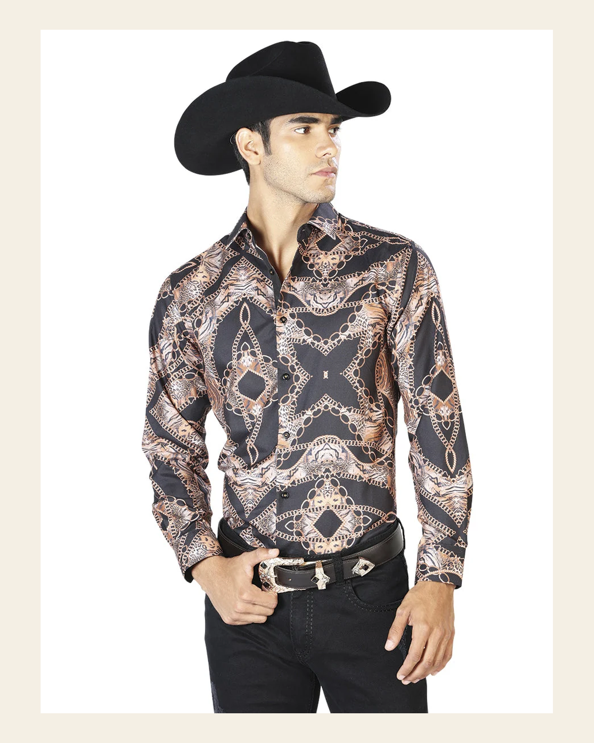 Black And Leopard Casual Long Sleeve Shirt 43564 on a warm cream background